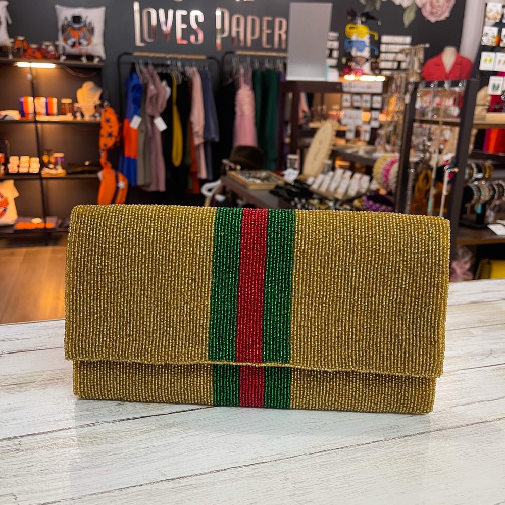 Elegant Gold Beaded Clutch with Green and Red Stripes